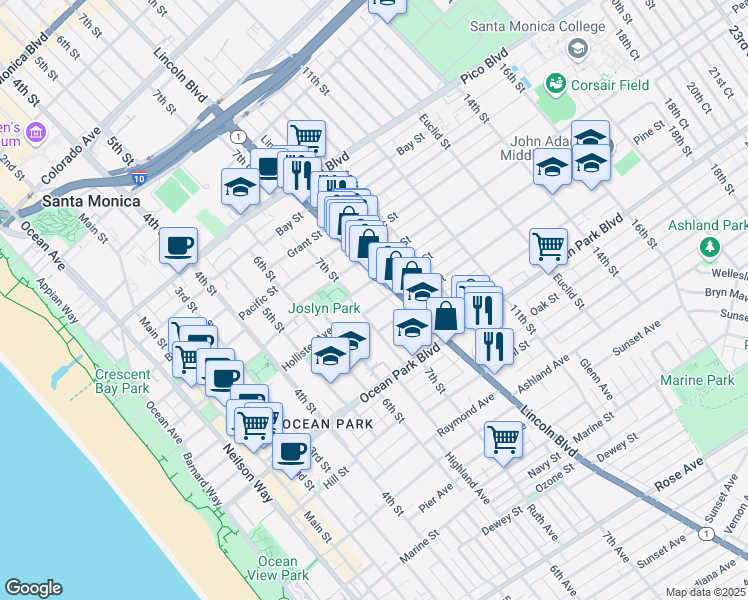 map of restaurants, bars, coffee shops, grocery stores, and more near 721 Cedar Street in Santa Monica