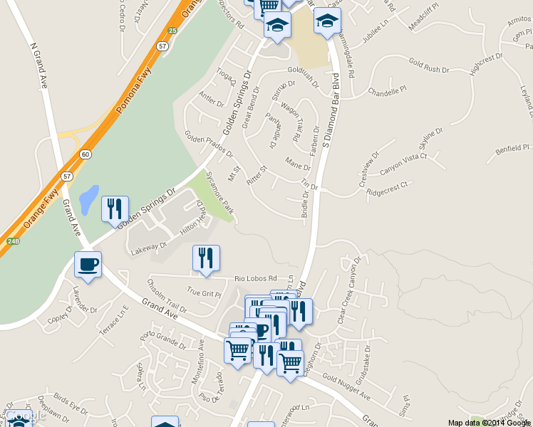 map of restaurants, bars, coffee shops, grocery stores, and more near 877 Golden Prados Drive in Diamond Bar