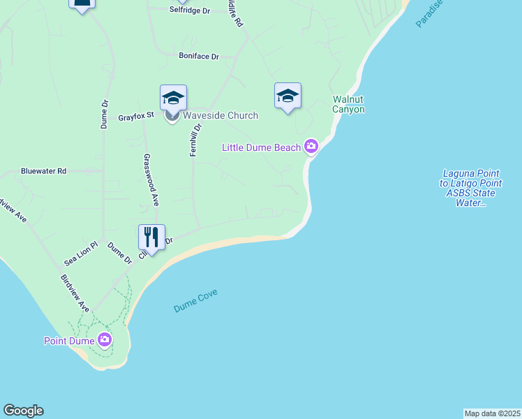 map of restaurants, bars, coffee shops, grocery stores, and more near 28885 Cliffside Drive in Malibu