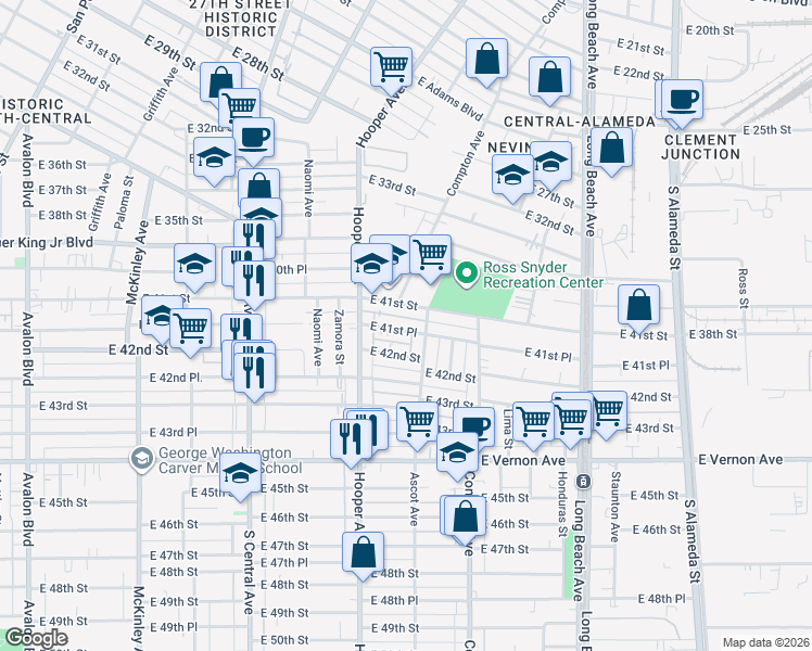 map of restaurants, bars, coffee shops, grocery stores, and more near 1353 East 41st Place in Los Angeles