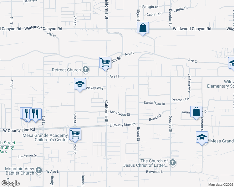 map of restaurants, bars, coffee shops, grocery stores, and more near 13522 San Juan Avenue in Yucaipa