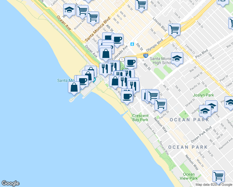 map of restaurants, bars, coffee shops, grocery stores, and more near 1719 Appian Way in Santa Monica