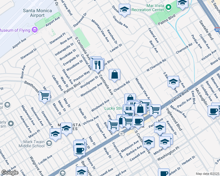 map of restaurants, bars, coffee shops, grocery stores, and more near 3605 South Centinela Avenue in Los Angeles