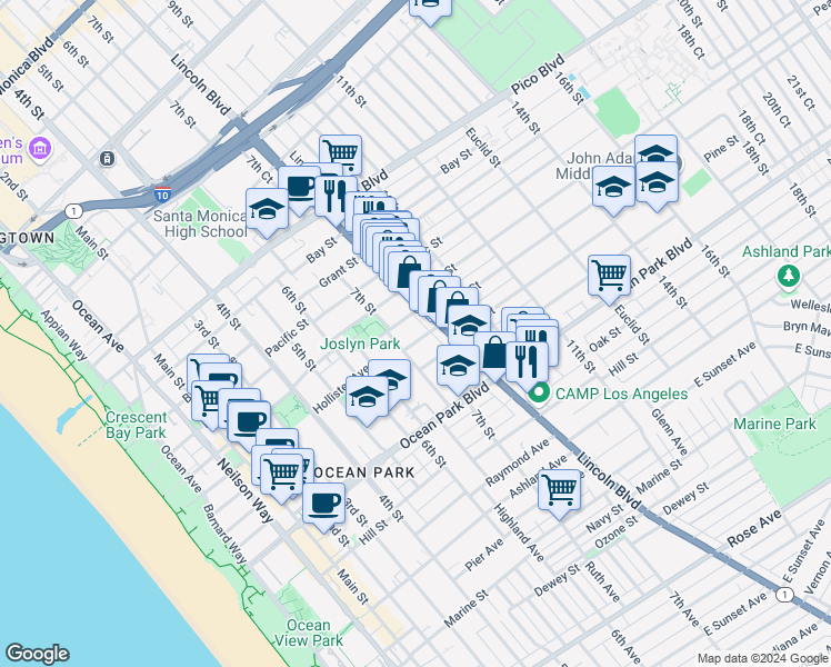 map of restaurants, bars, coffee shops, grocery stores, and more near 721 Cedar Street in Santa Monica