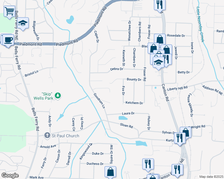 map of restaurants, bars, coffee shops, grocery stores, and more near 491 Edward Court in Marietta