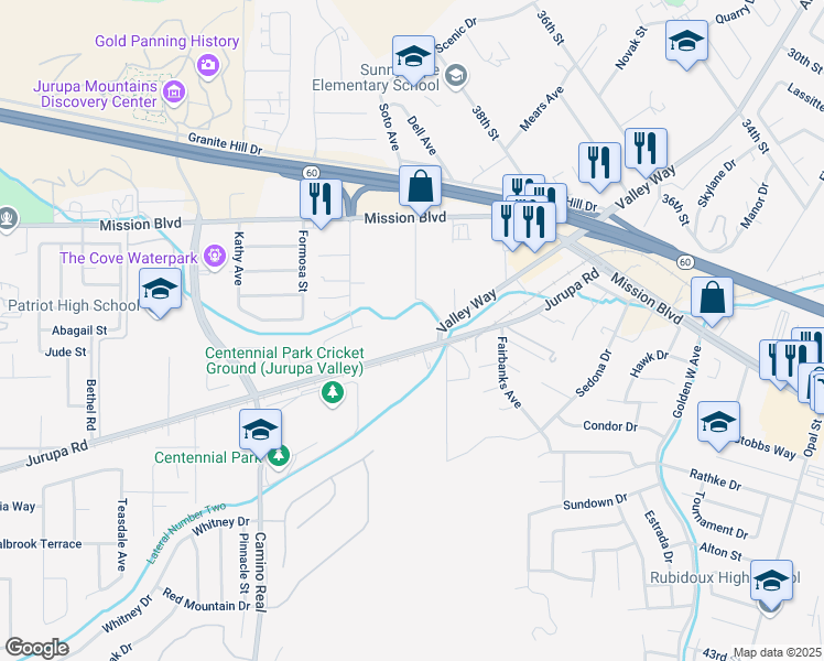map of restaurants, bars, coffee shops, grocery stores, and more near 7159 Jurupa Road in Riverside