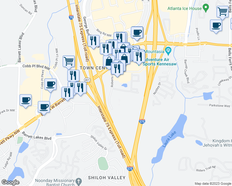 map of restaurants, bars, coffee shops, grocery stores, and more near 543 Roberts Court in Kennesaw