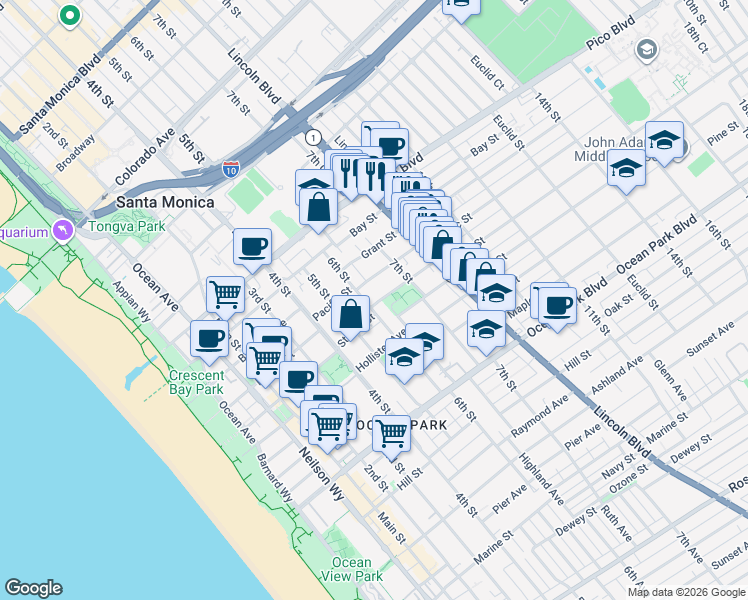 map of restaurants, bars, coffee shops, grocery stores, and more near 605 Strand Street in Santa Monica