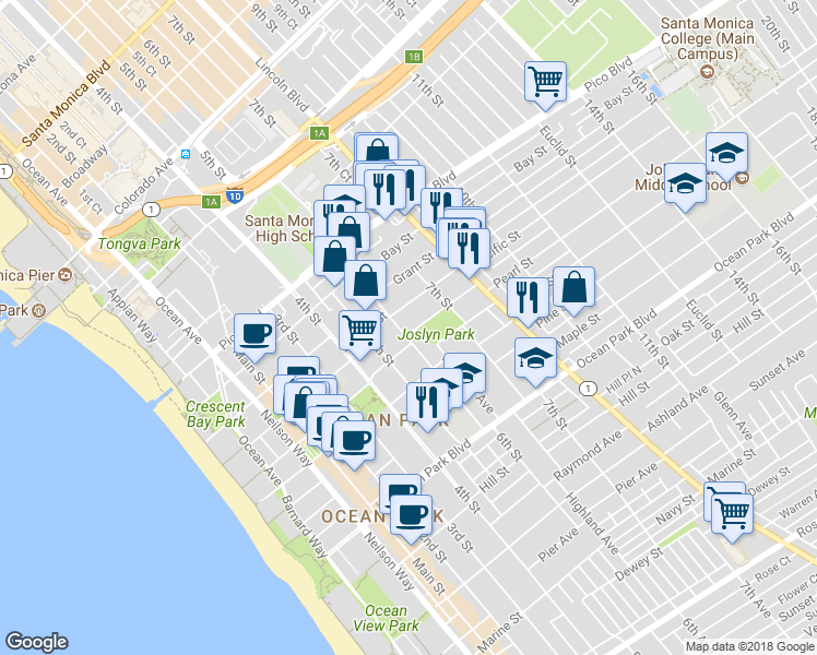 map of restaurants, bars, coffee shops, grocery stores, and more near 2319 6th Street in Santa Monica