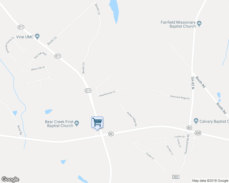map of restaurants, bars, coffee shops, grocery stores, and more near Hearthstone Court in Winder