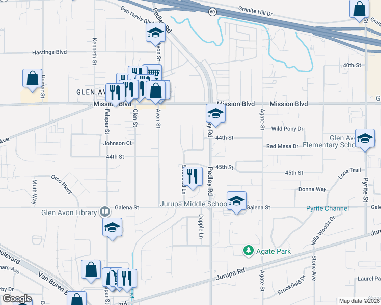 map of restaurants, bars, coffee shops, grocery stores, and more near 8851 45th Street in Riverside