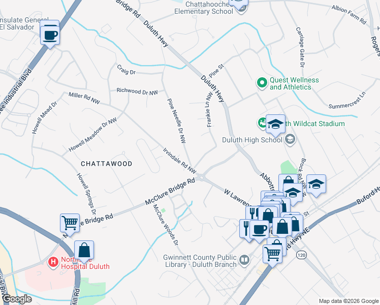 map of restaurants, bars, coffee shops, grocery stores, and more near 3191 Crestview Circle Northwest in Duluth