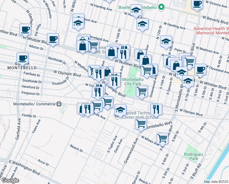 map of restaurants, bars, coffee shops, grocery stores, and more near 1501 West Olympic Boulevard in Montebello