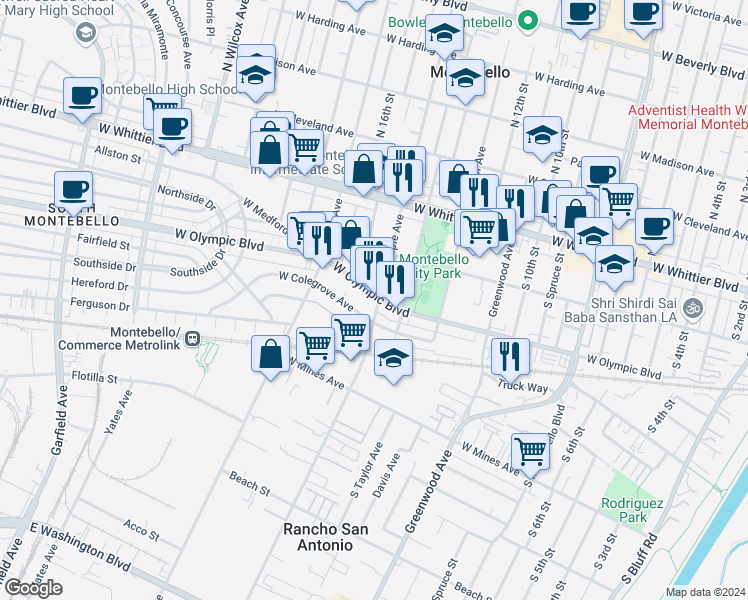 map of restaurants, bars, coffee shops, grocery stores, and more near 1501 West Olympic Boulevard in Montebello