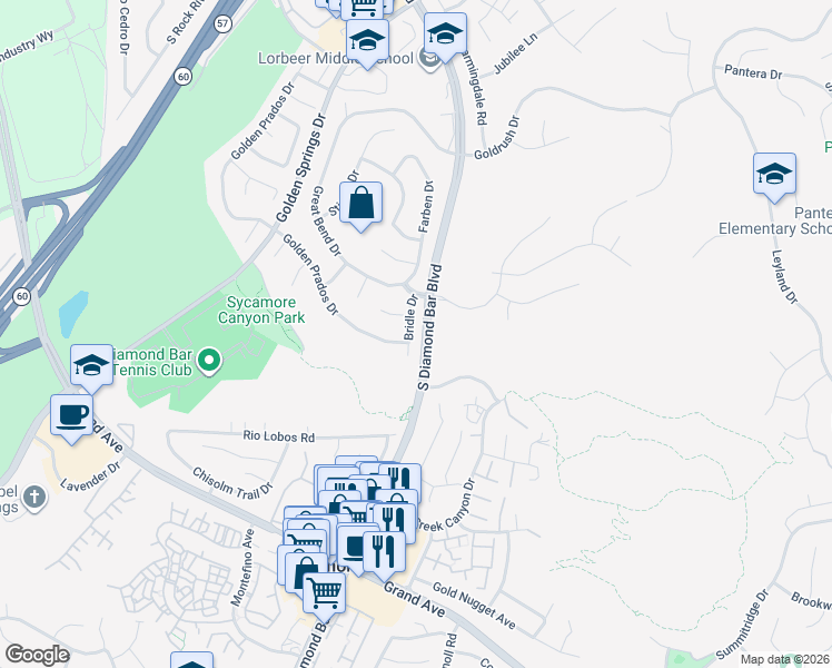 map of restaurants, bars, coffee shops, grocery stores, and more near 840 Bridle Drive in Diamond Bar