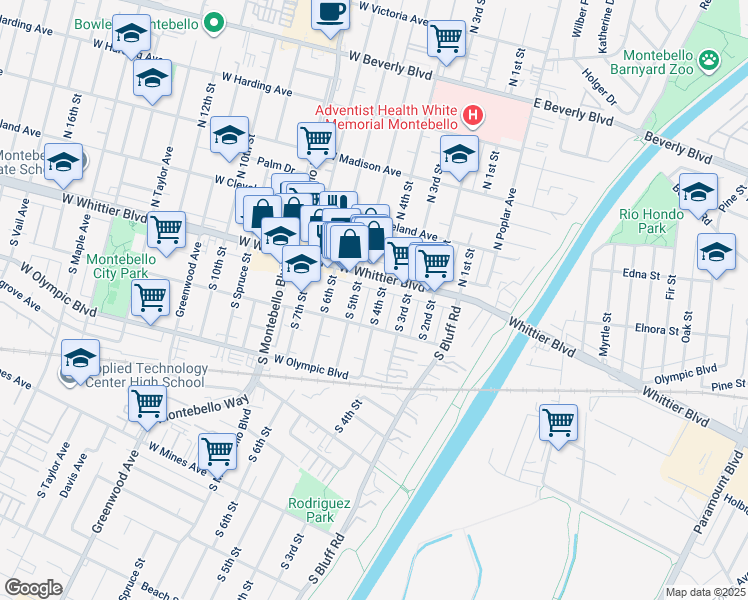 map of restaurants, bars, coffee shops, grocery stores, and more near 121 South 4th Street in Montebello