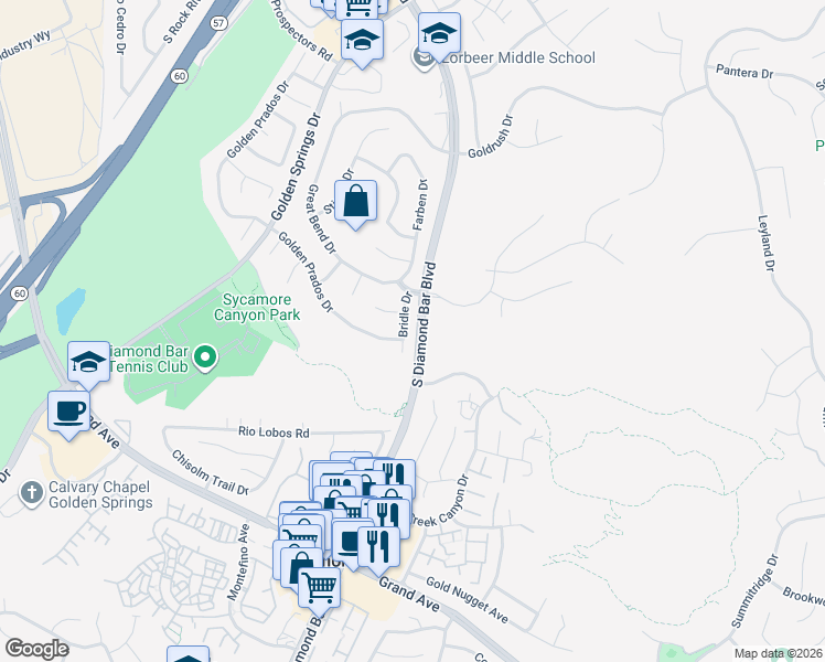 map of restaurants, bars, coffee shops, grocery stores, and more near 852 Bridle Drive in Diamond Bar