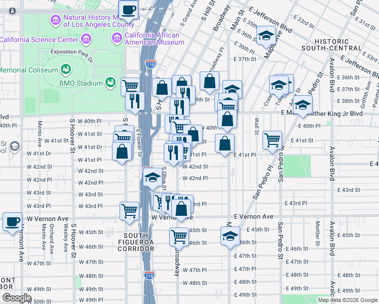 map of restaurants, bars, coffee shops, grocery stores, and more near West 41st Place in Los Angeles
