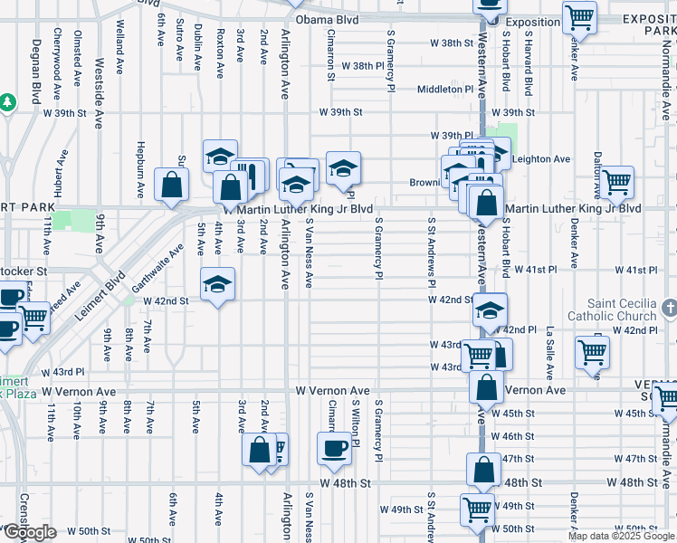 map of restaurants, bars, coffee shops, grocery stores, and more near 1946 West 41st Place in Los Angeles
