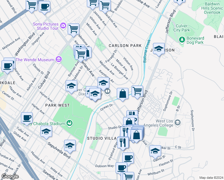 map of restaurants, bars, coffee shops, grocery stores, and more near 4900 Overland Avenue in Culver City