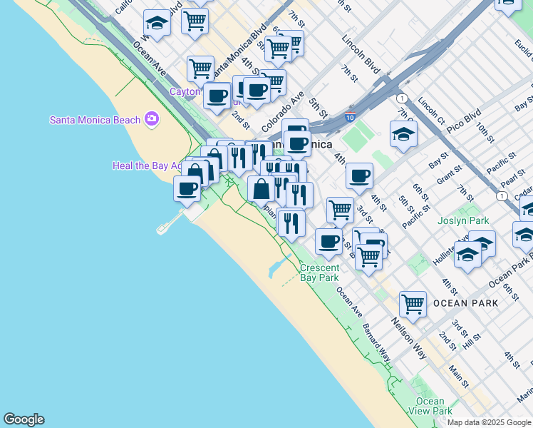 map of restaurants, bars, coffee shops, grocery stores, and more near 1719 Appian Way in Santa Monica