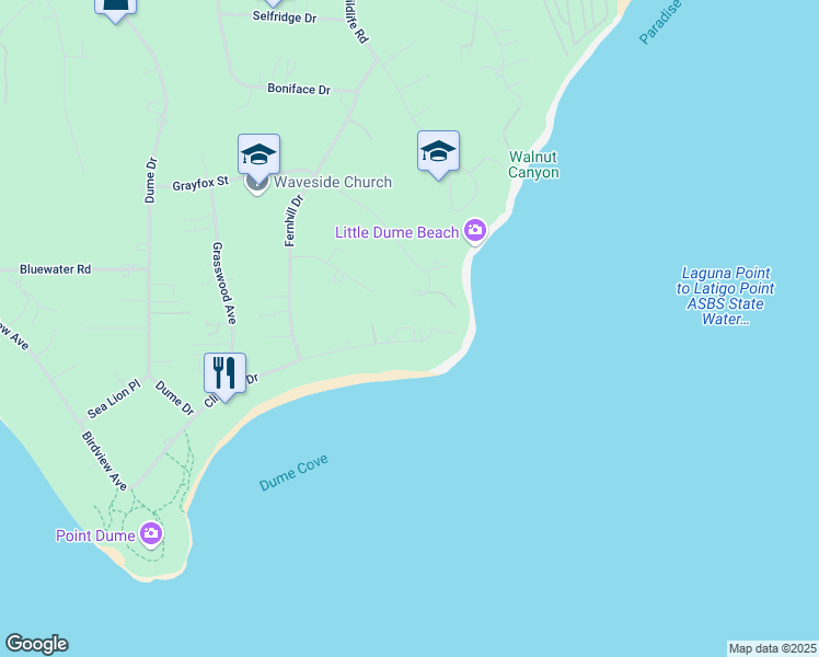 map of restaurants, bars, coffee shops, grocery stores, and more near 28885 Cliffside Drive in Malibu