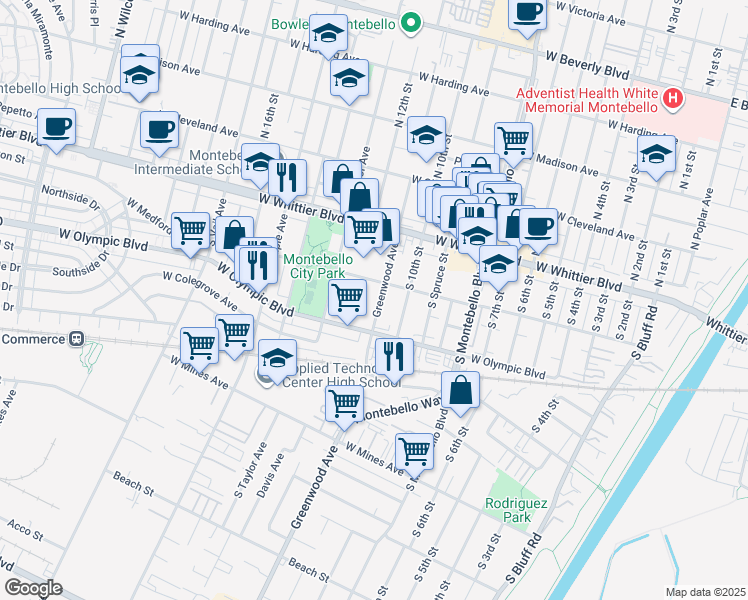 map of restaurants, bars, coffee shops, grocery stores, and more near 229 Greenwood Avenue in Montebello