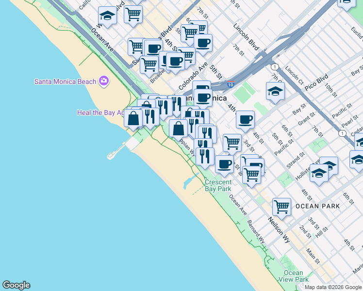map of restaurants, bars, coffee shops, grocery stores, and more near 1715 Ocean Front Walk in Santa Monica