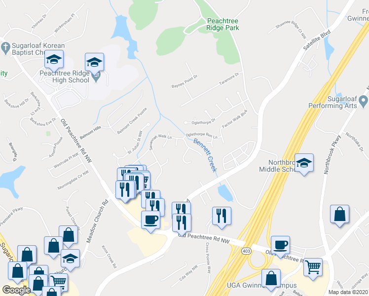 map of restaurants, bars, coffee shops, grocery stores, and more near 2888 Savannah Walk Lane in Suwanee