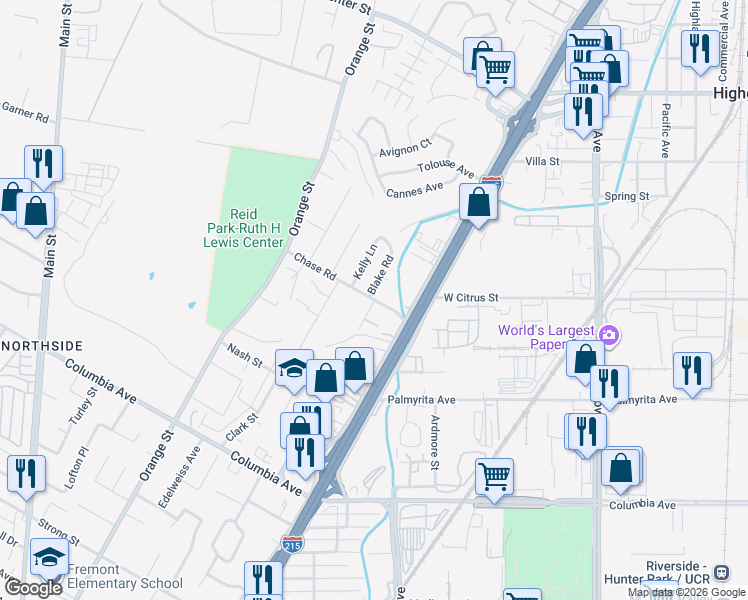 map of restaurants, bars, coffee shops, grocery stores, and more near 3248 Chase Road in Riverside