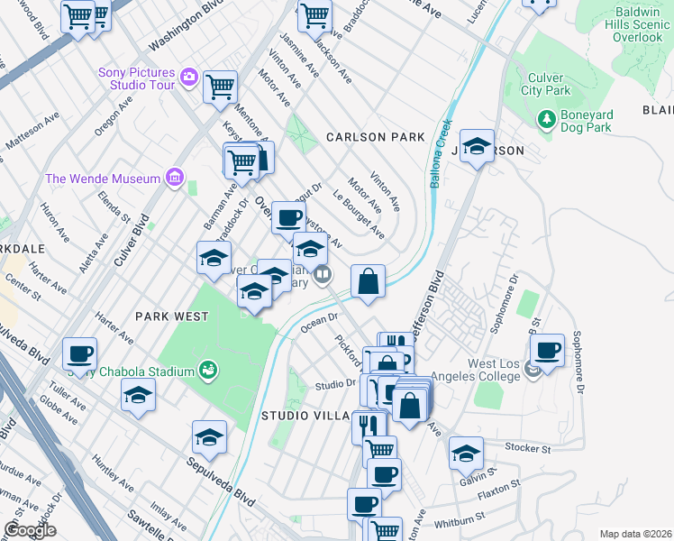 map of restaurants, bars, coffee shops, grocery stores, and more near 4900 Overland Avenue in Culver City