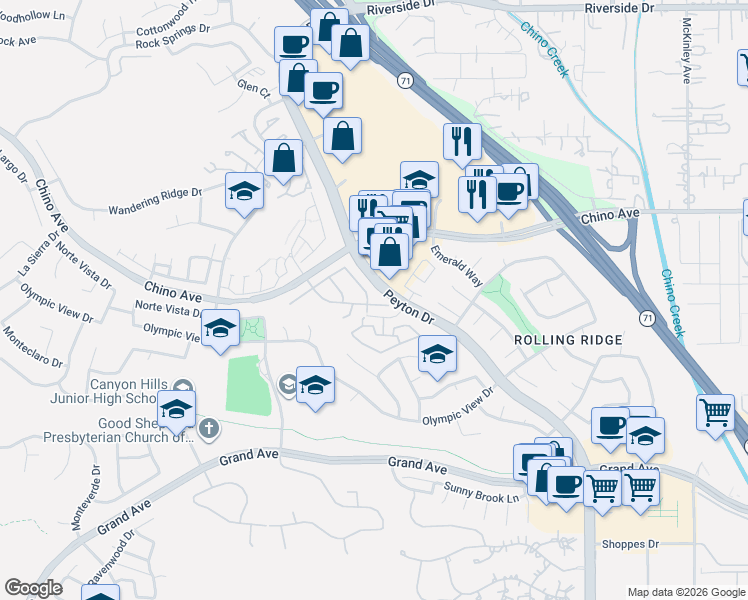 map of restaurants, bars, coffee shops, grocery stores, and more near 2855 Woodsorrel Drive in Chino Hills