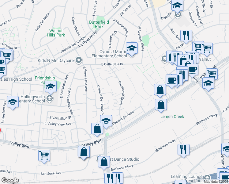 map of restaurants, bars, coffee shops, grocery stores, and more near 537 Camino de Gloria in Walnut
