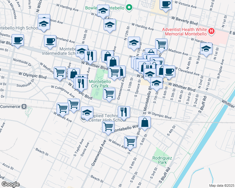 map of restaurants, bars, coffee shops, grocery stores, and more near 229 Greenwood Avenue in Montebello
