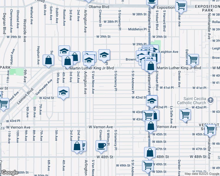 map of restaurants, bars, coffee shops, grocery stores, and more near 1900 West 41st Place in Los Angeles