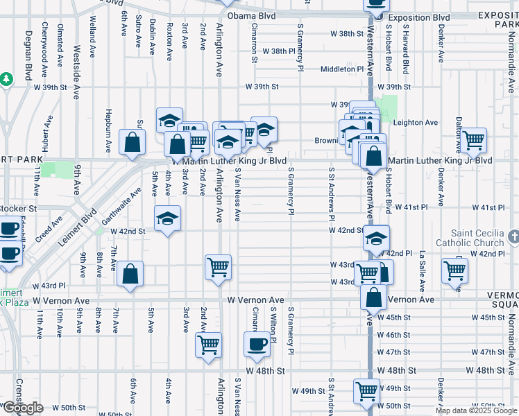 map of restaurants, bars, coffee shops, grocery stores, and more near 1946 West 41st Place in Los Angeles