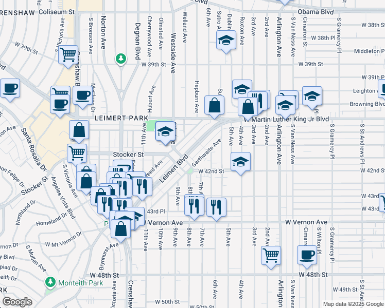 map of restaurants, bars, coffee shops, grocery stores, and more near 3025 Stocker Place in Los Angeles