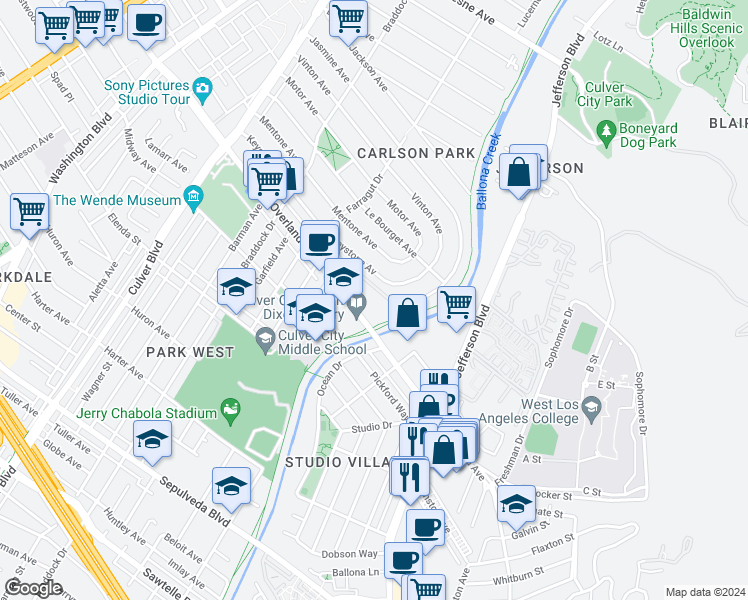 map of restaurants, bars, coffee shops, grocery stores, and more near 4900 Overland Avenue in Culver City