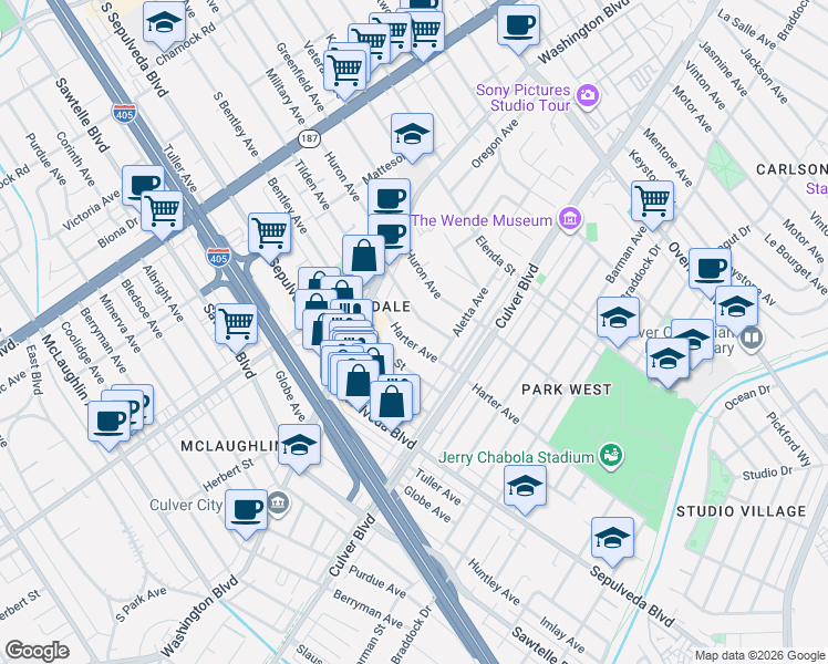 map of restaurants, bars, coffee shops, grocery stores, and more near 4108 Harter Avenue in Culver City
