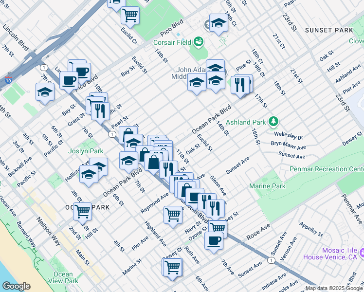 map of restaurants, bars, coffee shops, grocery stores, and more near 2621 11th Street in Santa Monica