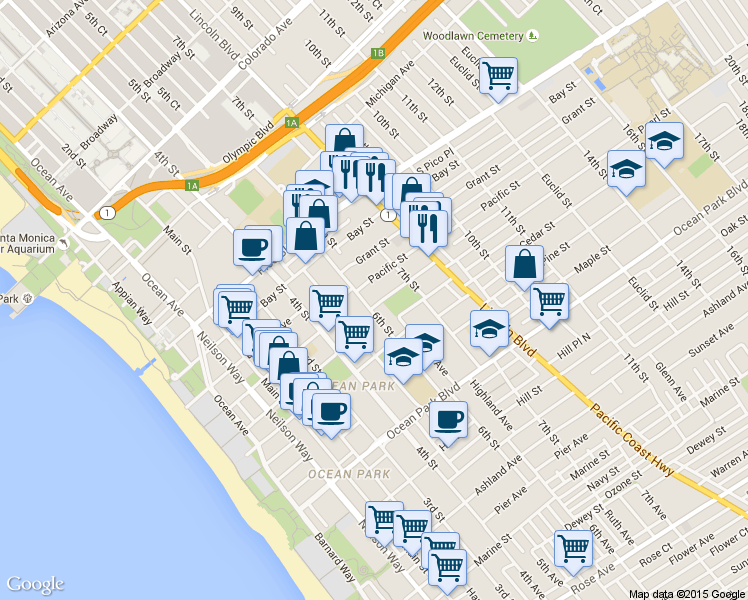 map of restaurants, bars, coffee shops, grocery stores, and more near 2319 6th Street in Santa Monica