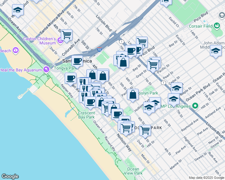 map of restaurants, bars, coffee shops, grocery stores, and more near 2021 3rd Street in Santa Monica