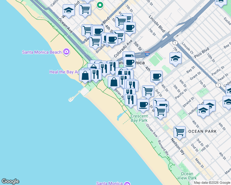 map of restaurants, bars, coffee shops, grocery stores, and more near 1719 Appian Way in Santa Monica