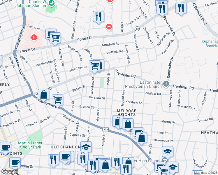 map of restaurants, bars, coffee shops, grocery stores, and more near 1431 Gladden Street in Columbia