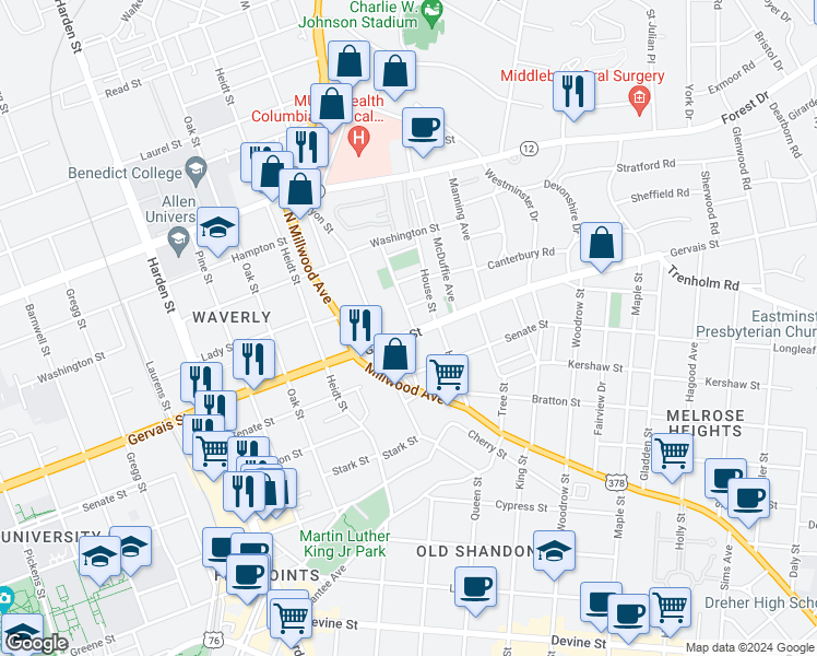 map of restaurants, bars, coffee shops, grocery stores, and more near 2464 Gervais Street in Columbia