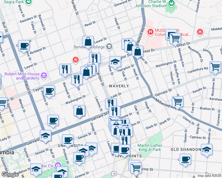 map of restaurants, bars, coffee shops, grocery stores, and more near 1310 Harden Street in Columbia
