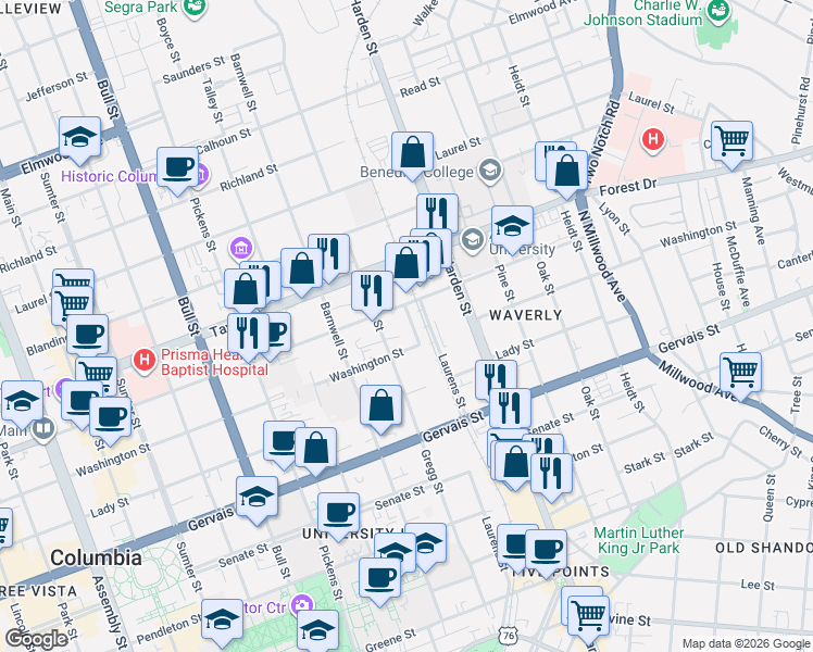 map of restaurants, bars, coffee shops, grocery stores, and more near 1405 Cherokee Street in Columbia