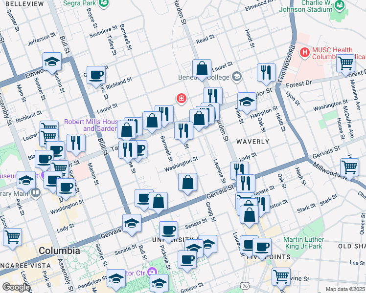 map of restaurants, bars, coffee shops, grocery stores, and more near 1427 Gregg Street in Columbia