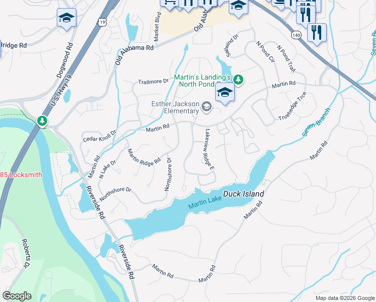 map of restaurants, bars, coffee shops, grocery stores, and more near 225 Lakeview Ridge West in Roswell