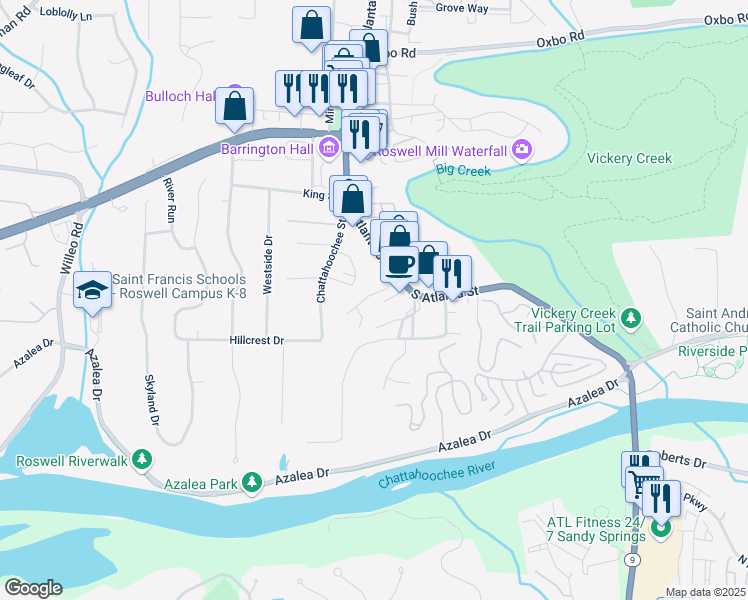 map of restaurants, bars, coffee shops, grocery stores, and more near 1555 Heritage Trail in Roswell